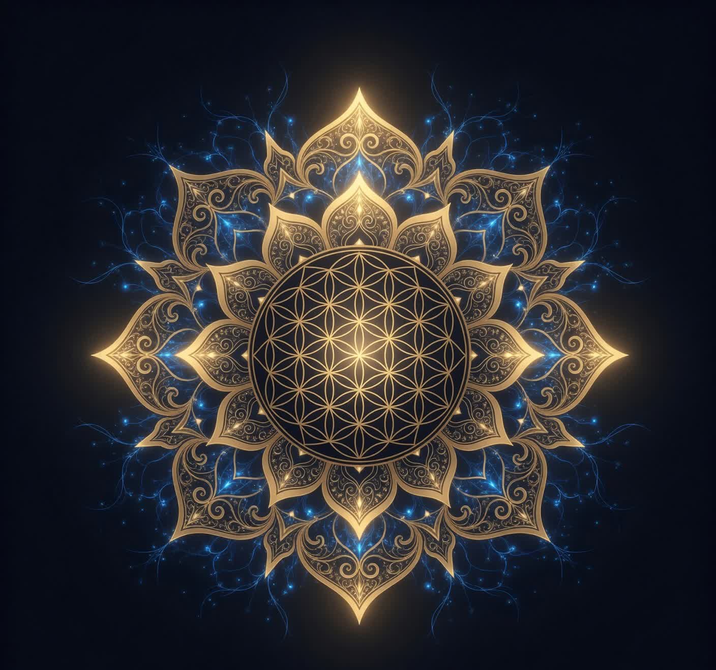 The emblem of the House of Angira — a golden Flower-of-Life mandala wreathed in cosmic light