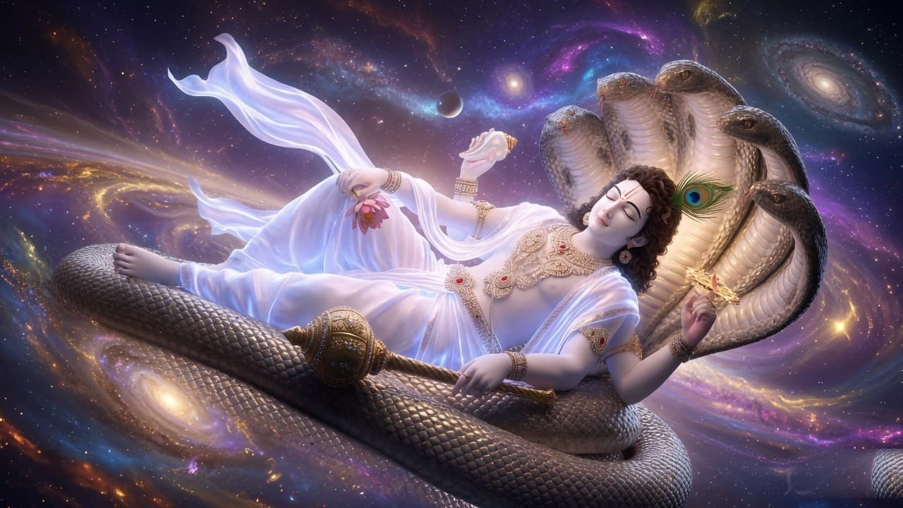 Viṣṇu reclining on the cosmic serpent Śeṣa — the four-armed sustainer at rest within the cosmos