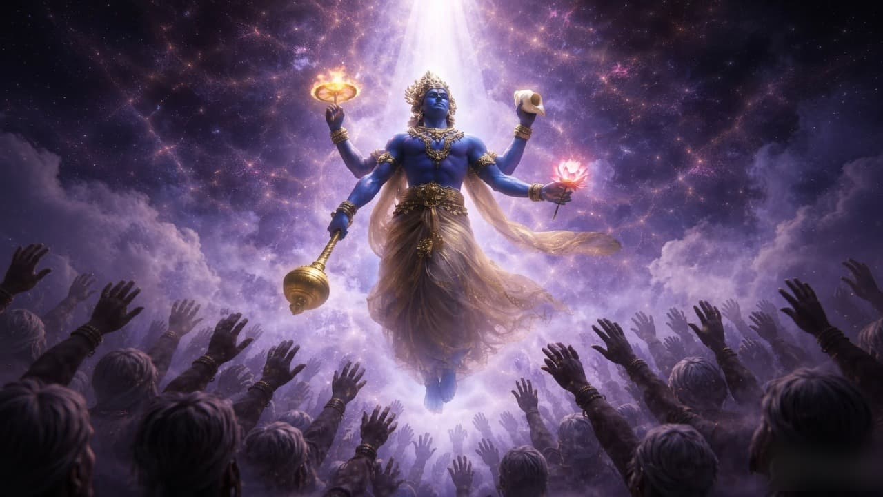 The four-armed Viṣṇu descending in light, bearing the conch, discus, mace, and lotus, over a multitude of upraised hands