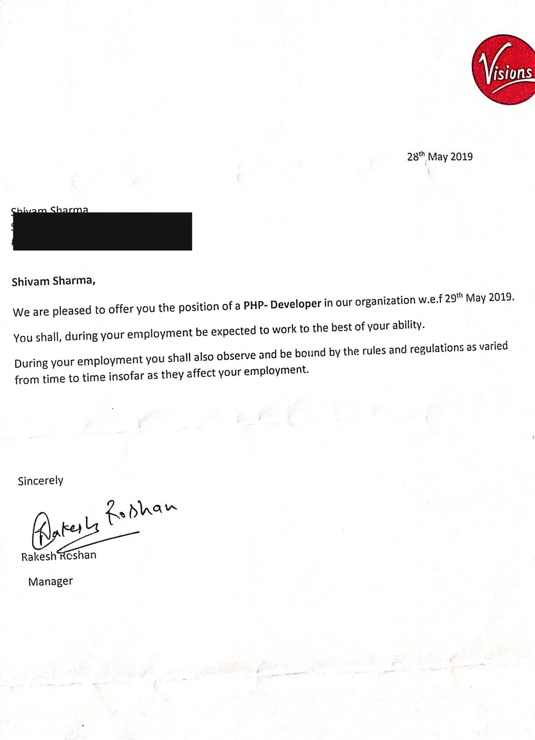 Appointment — PHP Developer — Visions, Chandigarh